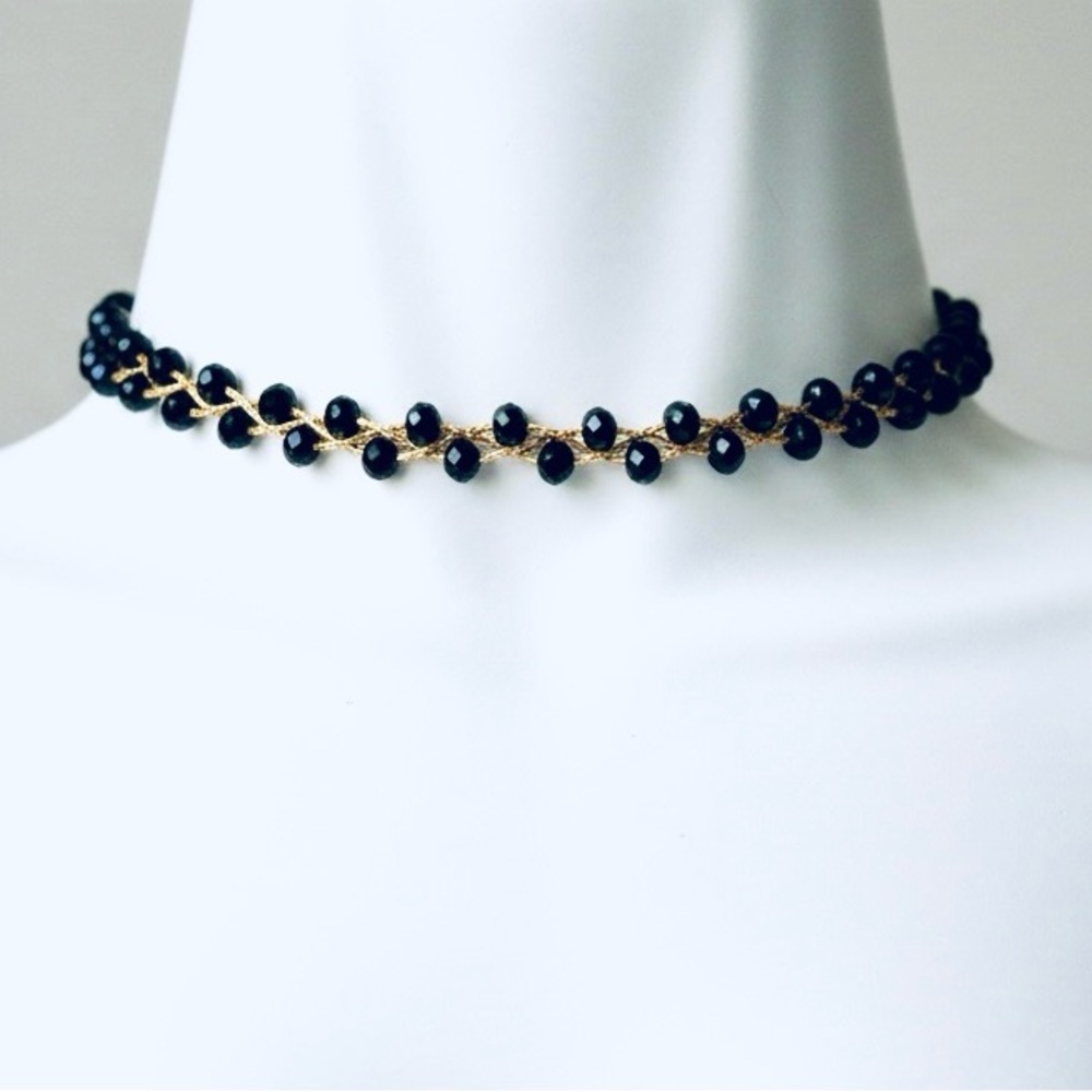 Edgy Faceted Glass Black Bead & Braided Copper Vintage Choker You and I (U & I)